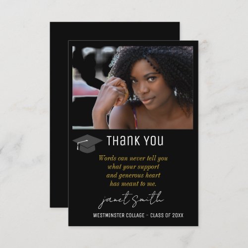 Simple Modern Black Typography Photo Graduation  Thank You Card