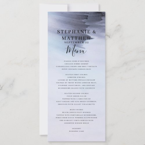 Simple Modern Black Watercolor Wedding Menu - This incredible abstract collection was influenced by simple black watercolor and would fit perfectly for those planning a modern styled ceremony. The text is simple against an abstract watercolor background.