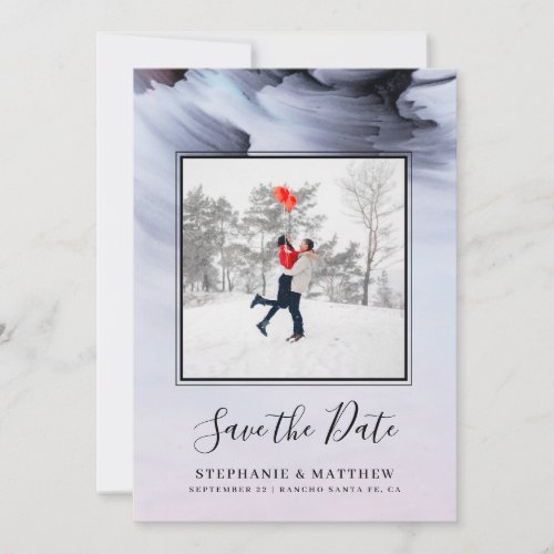 Simple Modern Black Watercolor Wedding Photo Save The Date - This incredible abstract collection was influenced by simple black watercolor and would fit perfectly for those planning a modern styled ceremony. The text is simple against an abstract watercolor background.