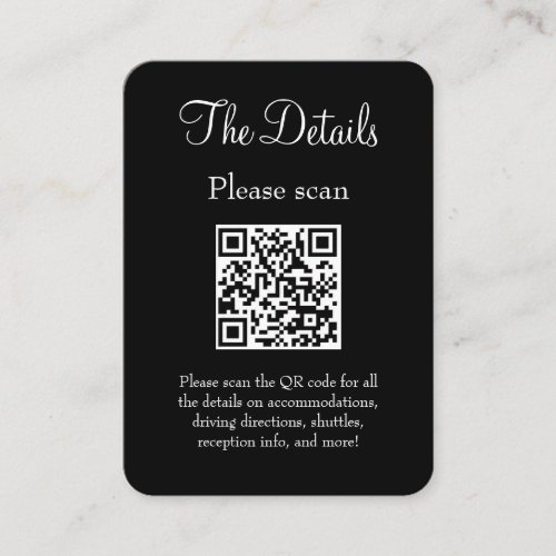 Simple Modern Black Wedding Details QR Code Enclosure Card