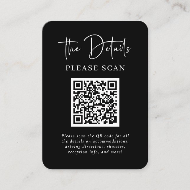 Simple Modern Black Wedding Details with QR Code Enclosure Card (Front)
