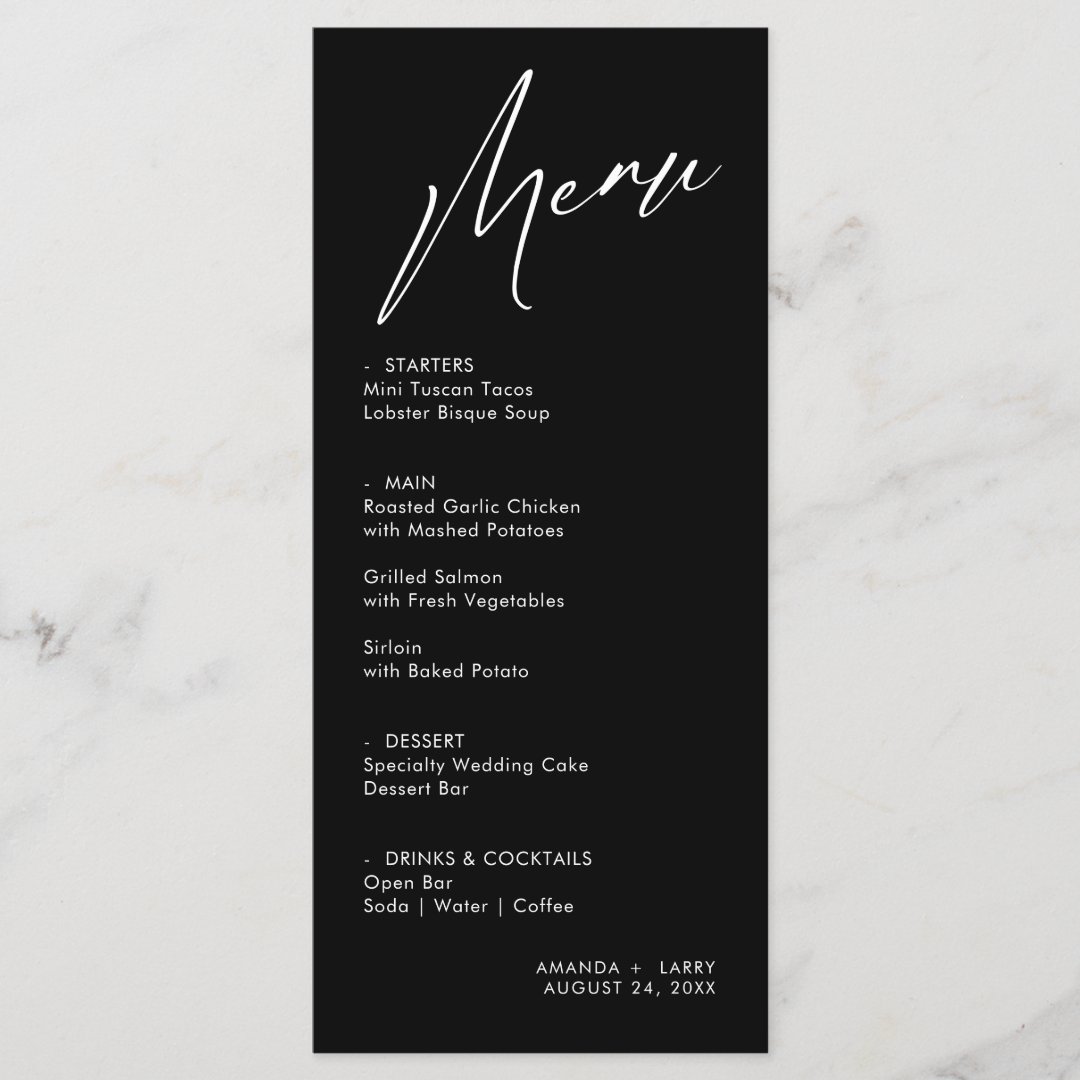 Simple & Modern Black Wedding Menu Card | Zazzle