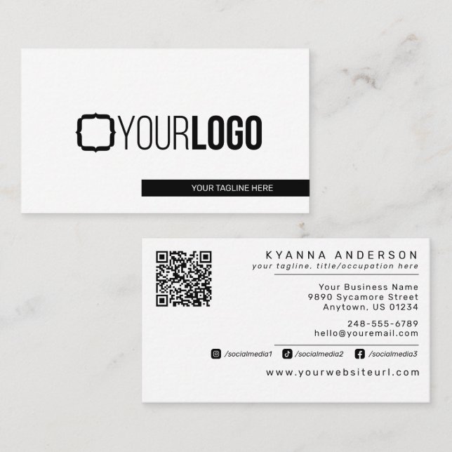 Simple Modern Black & White - Add QR Code/Logo Business Card (Front/Back)