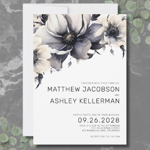 Simple Modern Black White Boho Floral Wedding Invitation