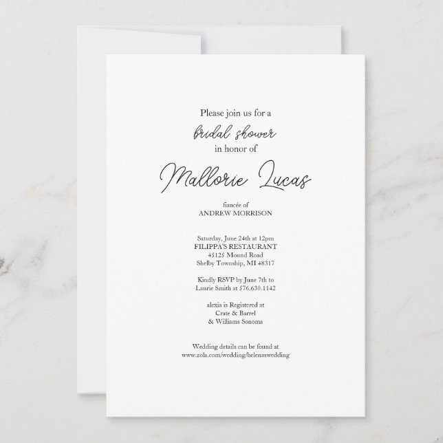Simple Modern Black White Bridal Shower Invitation (Front)