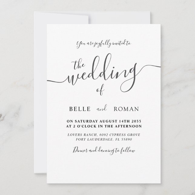 Simple Modern Black & white Calligraphy Wedding Invitation (Front)
