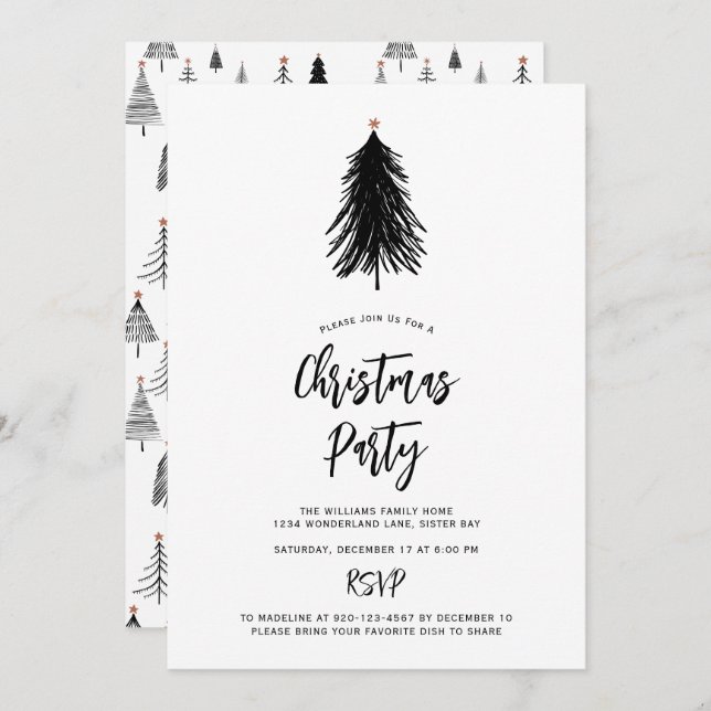Simple Modern Black White Christmas Tree Party Invitation (Front/Back)