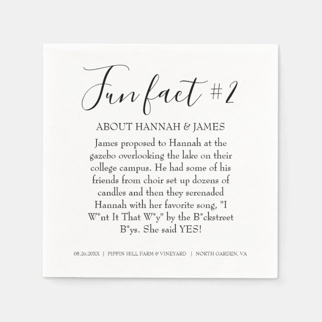 Simple Modern Black & White Fun Fact 2 Wedding Napkins (Front)