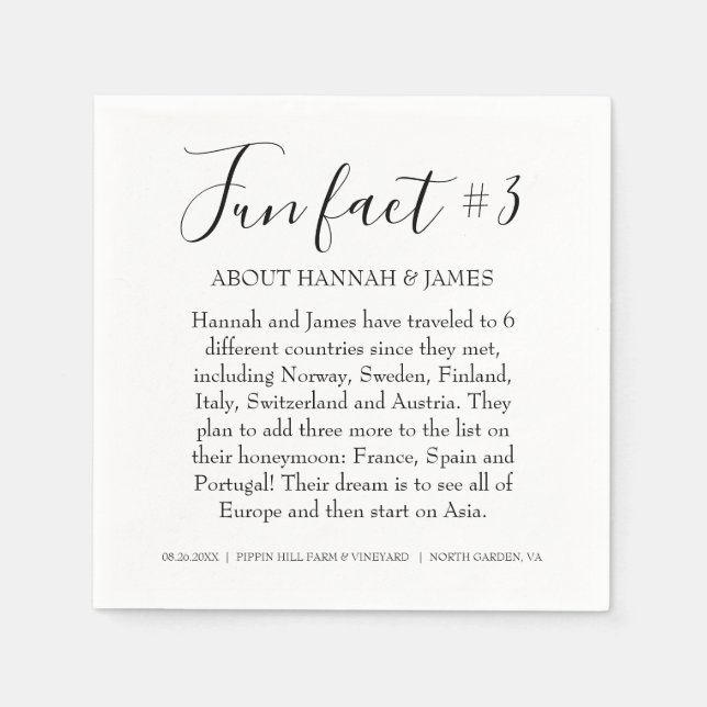Simple Modern Black & White Fun Fact 3 Wedding Napkins (Front)