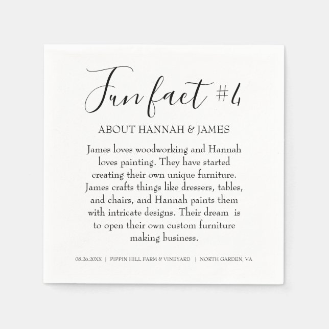Simple Modern Black & White Fun Fact 4 Wedding Napkins (Front)