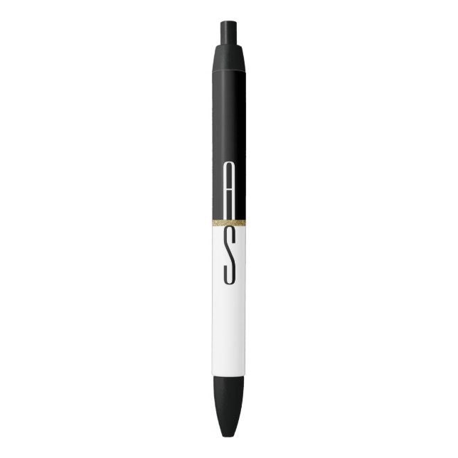 Simple Modern Black White & Gold Glitter Monogram Pen (Front Vertical)