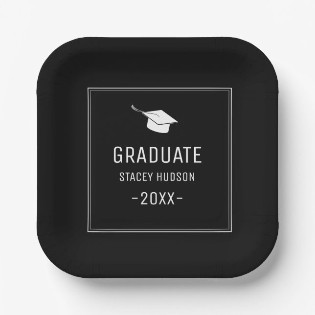 Simple Modern Black & White Graduation Party  Paper Plates (Front)