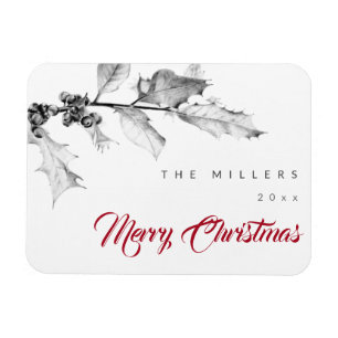 Simple Modern Black White Holly Drawing Christmas Magnet