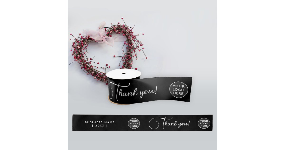 Present Ribbon Script Simple Modern Black White Logo Business Script Satin Ribbon | Zazzle