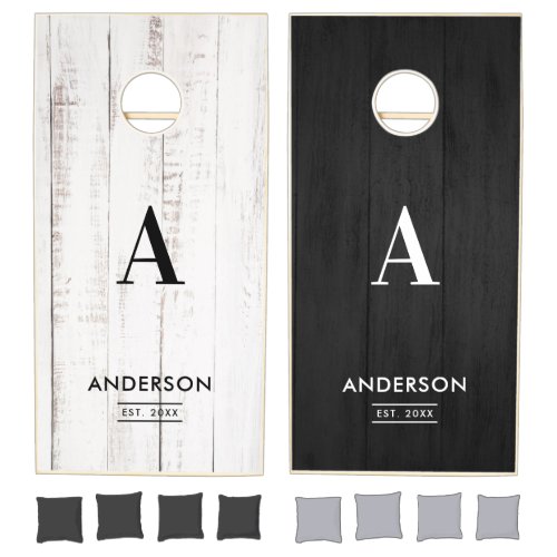 Simple Modern Black  White Monogram  Name Cornhole Set