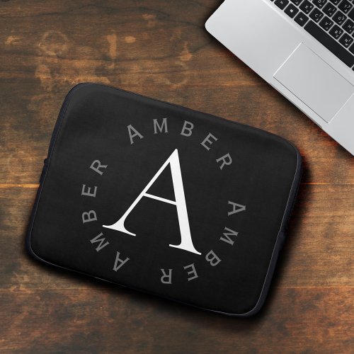 Simple Modern Black  White Monogram Name Laptop Sleeve