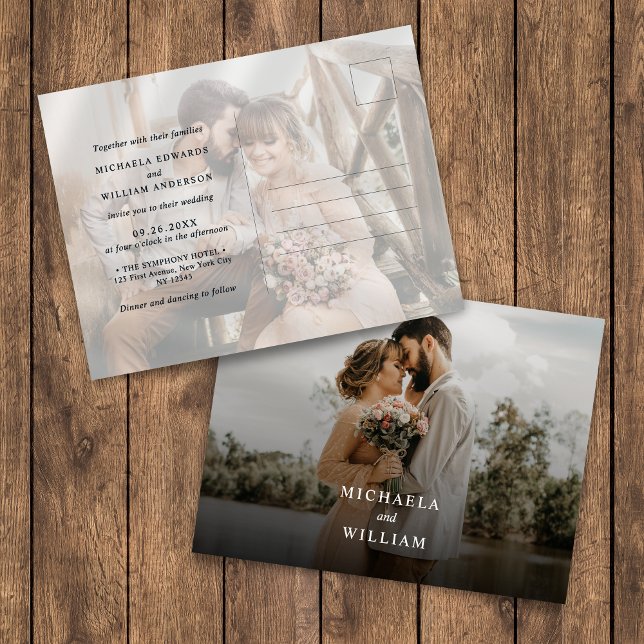 Simple Modern Black & White Overlay Photo Wedding Invitation Postcard (Creator Uploaded)