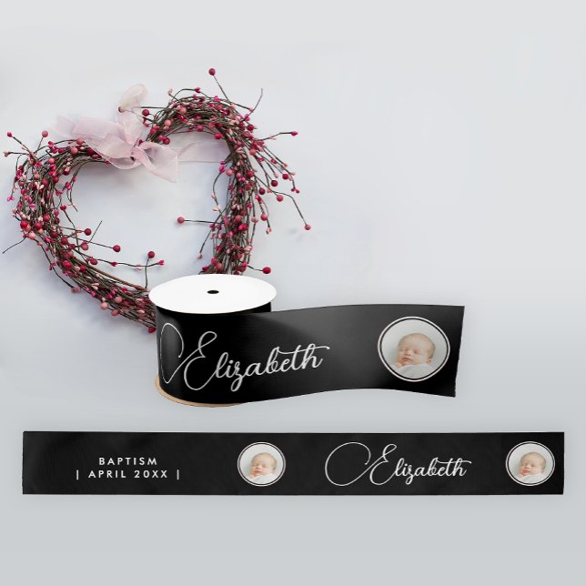 Simple Modern Black White Photo Name Stylish Typo Satin Ribbon (Creator Uploaded)