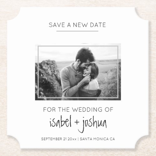 Simple Modern Black White Photo Save A New Date Paper Coaster