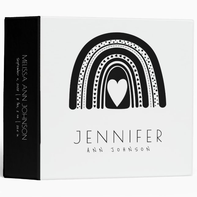 Simple Modern Black White Rainbow Baby Photo Album 3 Ring Binder (Front/Spine)