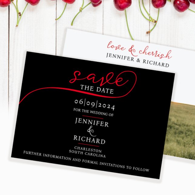 Simple Modern Black White Red Script Photo Wedding Save The Date (Creator Uploaded)