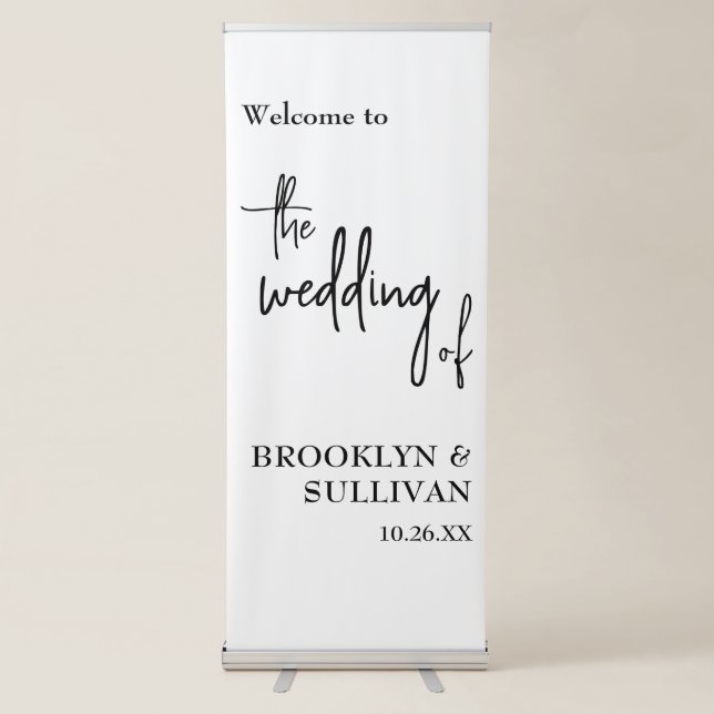 Simple, Modern Black & White Wedding Welcome Retractable Banner (Front)
