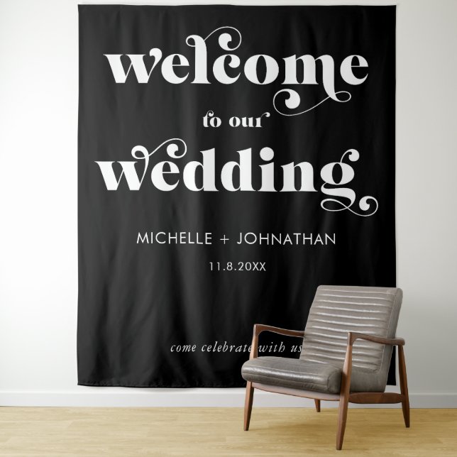 Simple Modern Black & White Wedding Welcome Tapestry (In Situ)