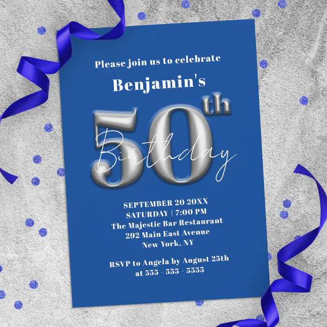 Simple Modern Blue and Silver 50th Birthday Invitation Zazzle