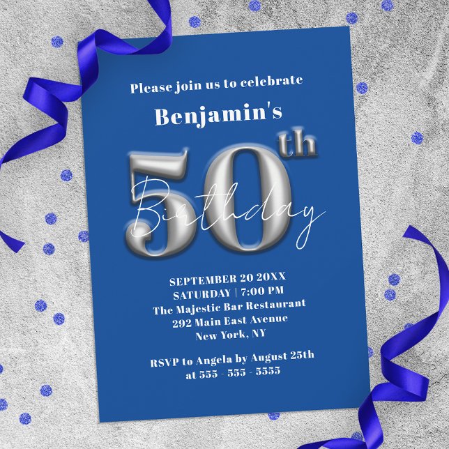 Simple Modern Blue and Silver 50th Birthday Invitation (Creator Uploaded)