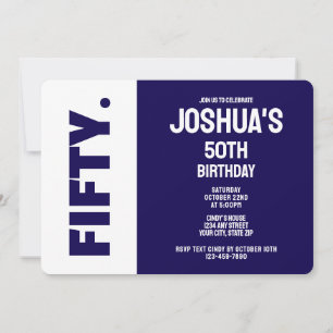 Simple Modern Blue and White 50th Birthday Invitation