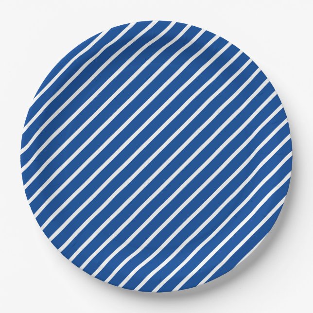 Simple Modern Blue and White Stripe Pattern Paper Plates (Front)