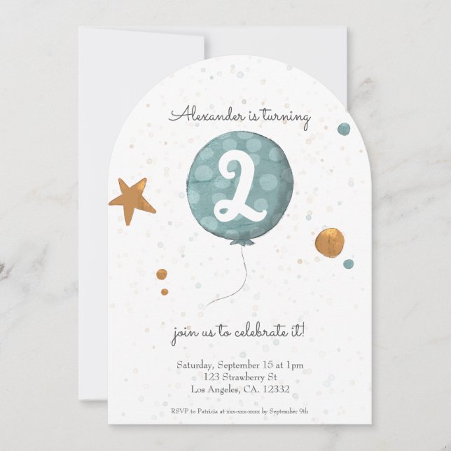 Simple Modern  Blue Balloon 2nd Birthday Arch Invitation (Front)