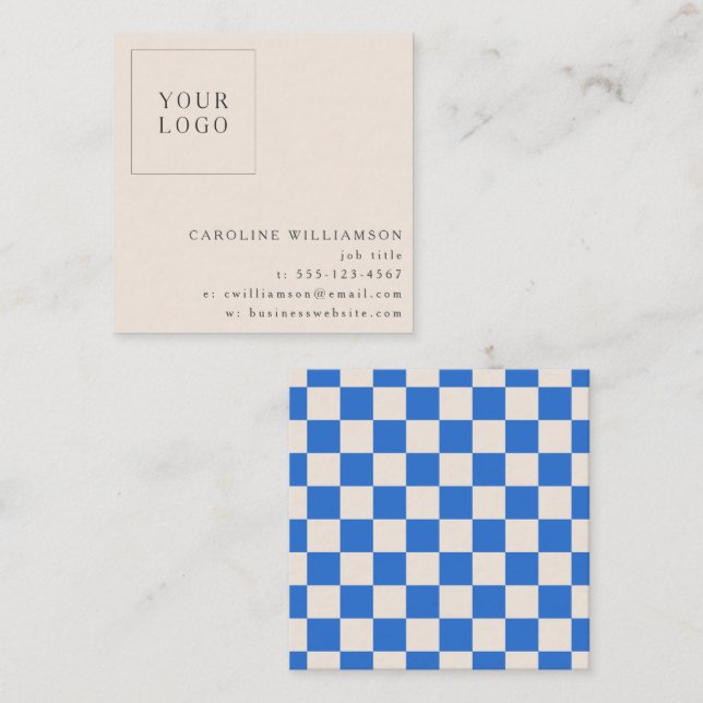 Simple Modern Blue Checkerboard Your Logo Custom Square Business Card (Front/Back)