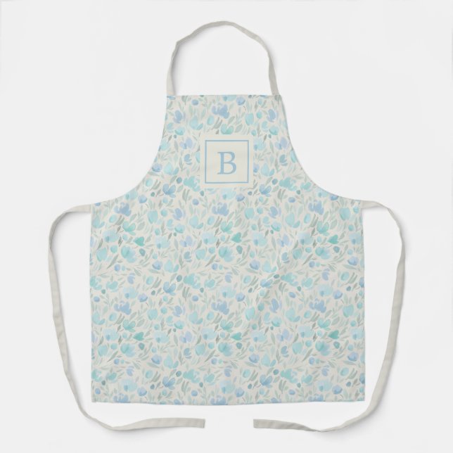 Simple Modern Blue Floral Monogram Cute Apron (Front)
