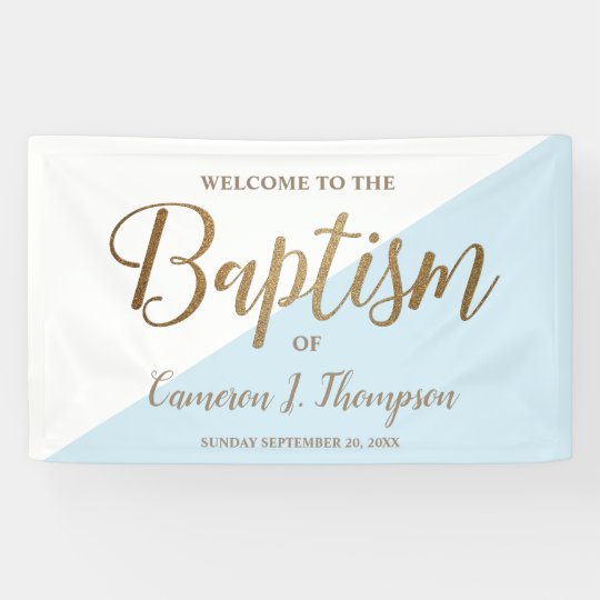 Simple Modern Blue Gold Calligraphy baby Baptism Banner | Zazzle.com