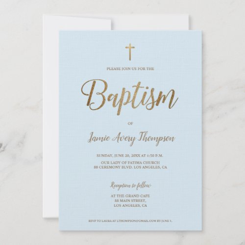 Simple Modern Blue Gold Cross Baptism Invitation