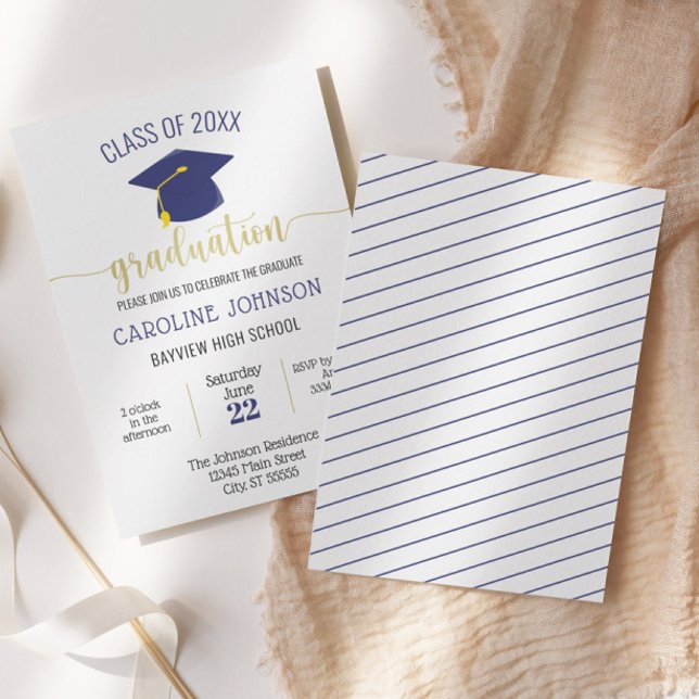 Simple Modern Blue Gold Graduation Invitation (Creator Uploaded)