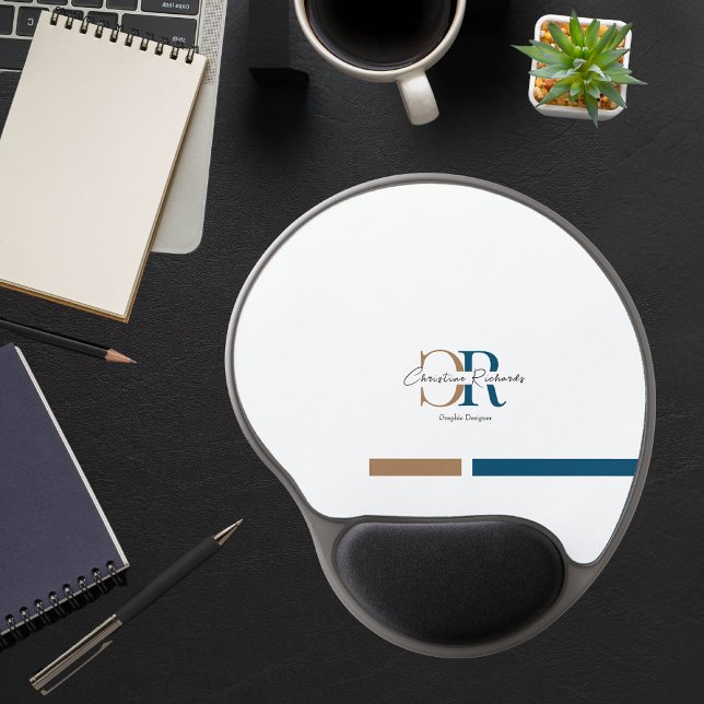 Simple Modern Blue Gold Monogram Gel Mouse Pad (Creator Uploaded)