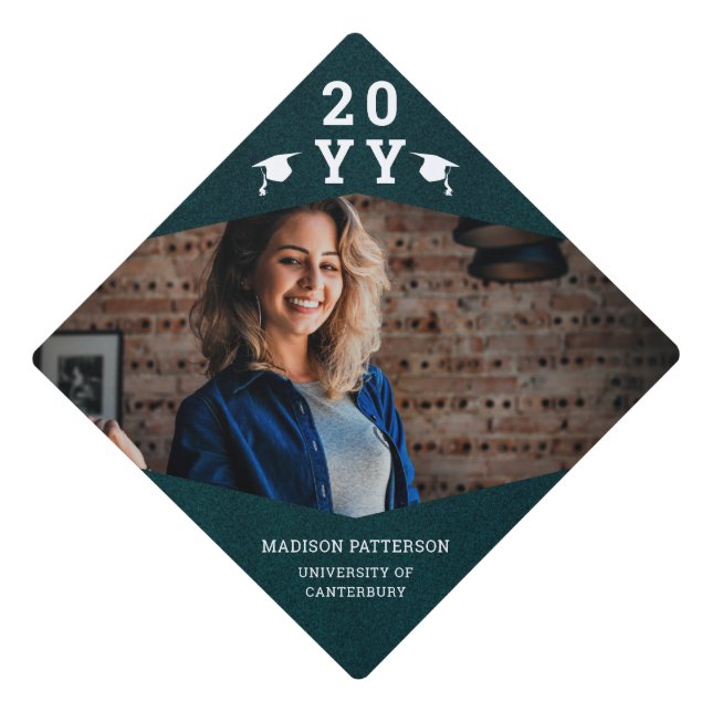 Simple Modern Blue Grad Photo Year Graduation Cap Topper (Front)