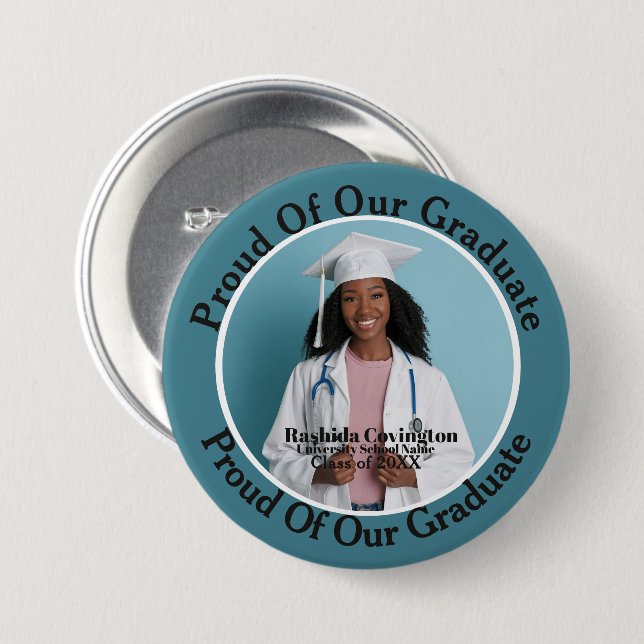 Simple Modern Blue Graduation Photo Button (Front & Back)