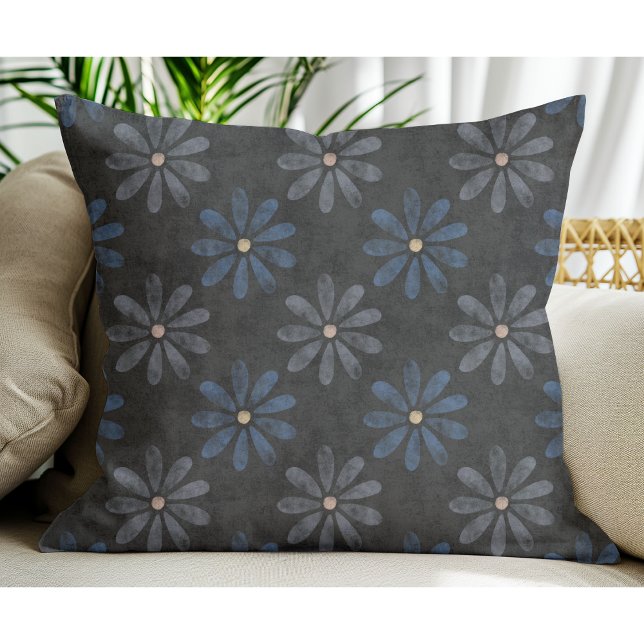 Simple Modern Blue Gray Flower pattern Black  Throw Pillow (Creator Uploaded)