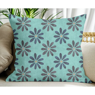 Simple Modern Blue Gray Flower pattern Light Teal Throw Pillow
