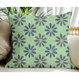 Simple Modern Blue Gray Flower pattern Sage Green Throw Pillow
