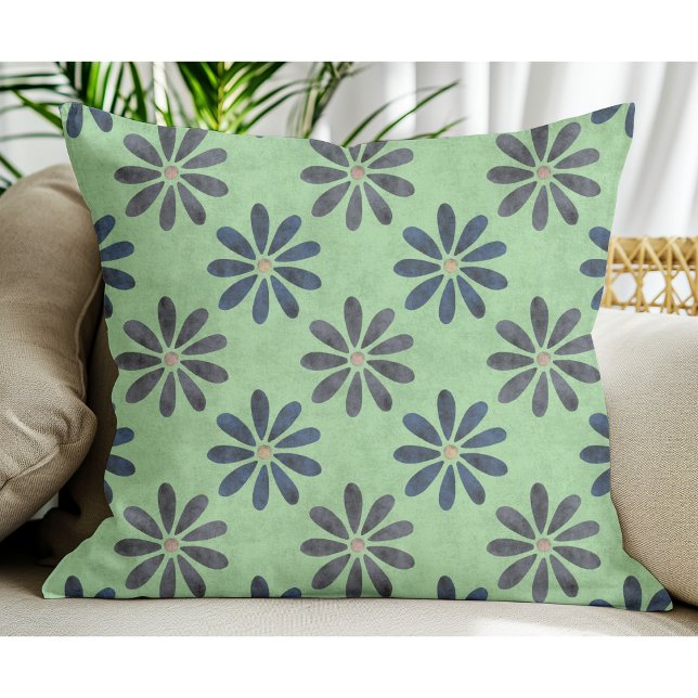 Simple Modern Blue Gray Flower pattern Sage Green Throw Pillow (Creator Uploaded)