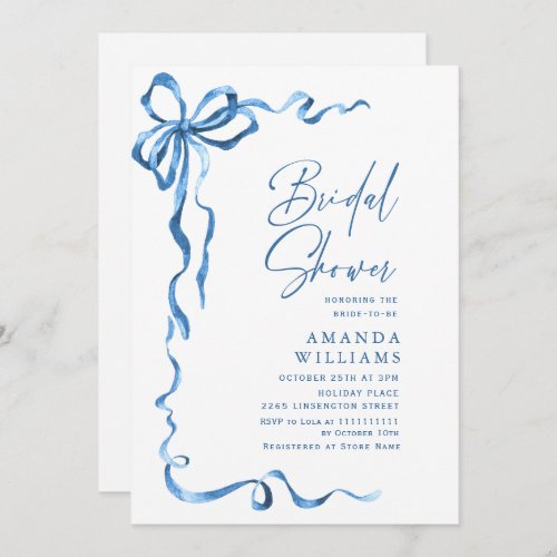 Simple Modern Blue Hand Drawn Bow Bridal Brunch Invitation