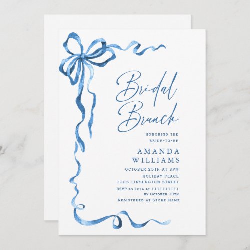 Simple Modern Blue Hand Drawn Bow Bridal Brunch Invitation