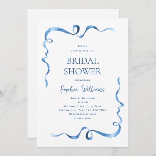 Simple Modern Blue Hand Drawn Bow Bridal Shower Invitation