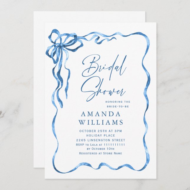 Simple Modern Blue Hand Drawn Bow Bridal Shower Invitation (Front/Back)