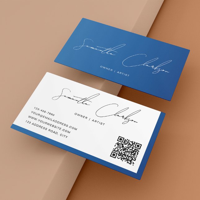 Simple Modern Blue Handwritten Script QR code Business Card (Creator Uploaded)