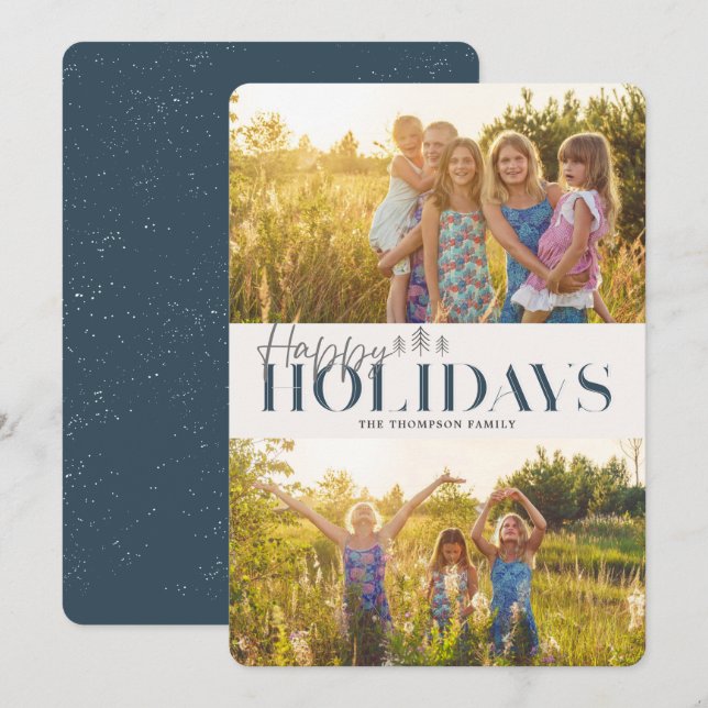 Simple Modern Blue Happy Holidays Two Pictures Holiday Card (Front/Back)